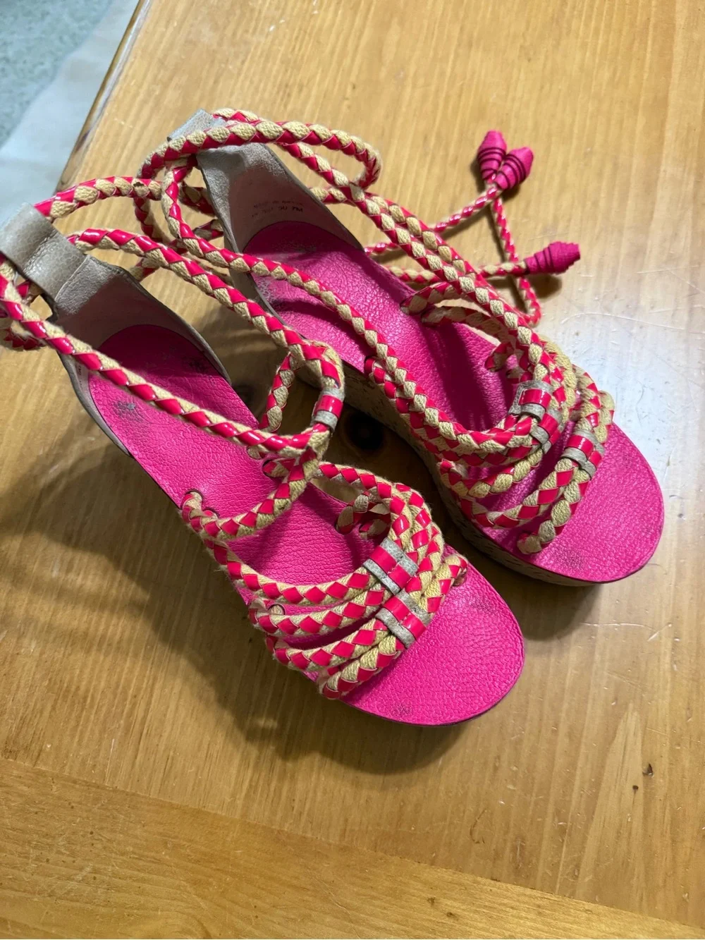 Tory Burch Bright Pink Braided Lace-Up Sandals with Tan Braids